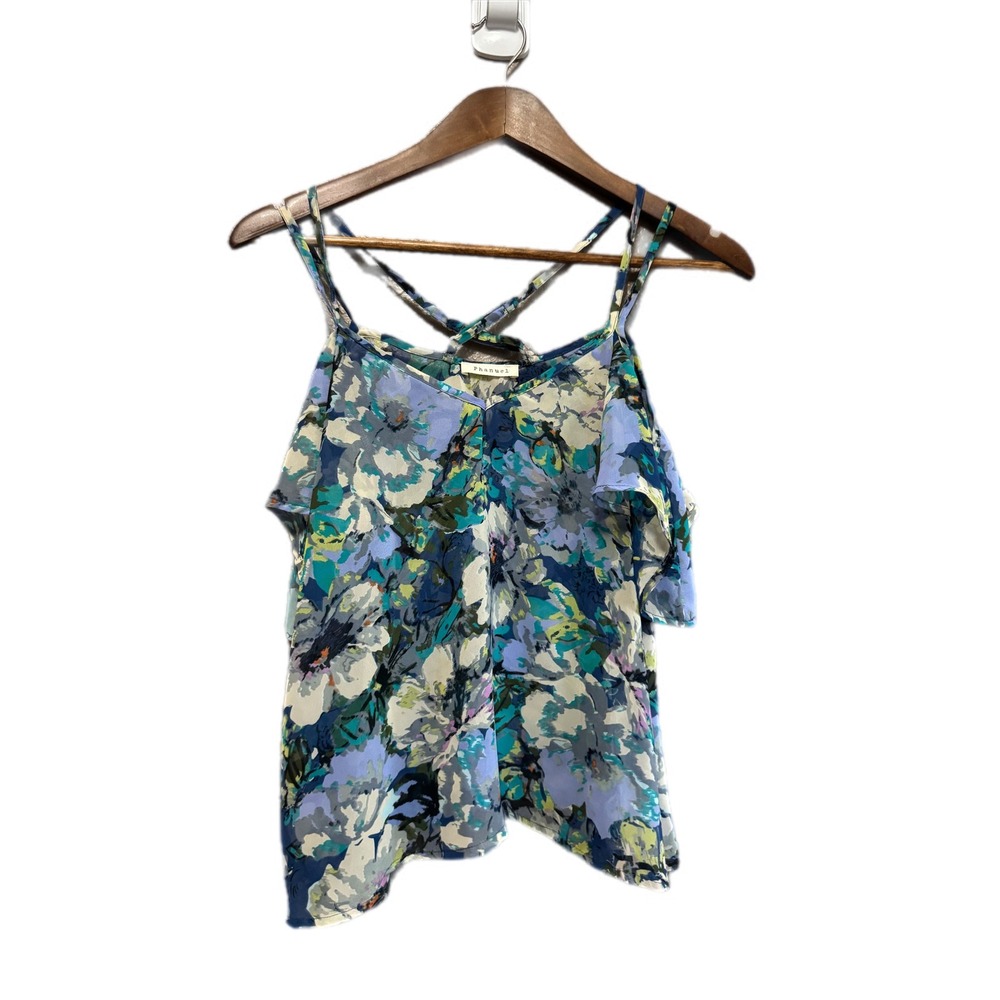 Phanuel Cold Shoulder Top Women S Blue Floral Chiffon Strappy Ruffle Excellent